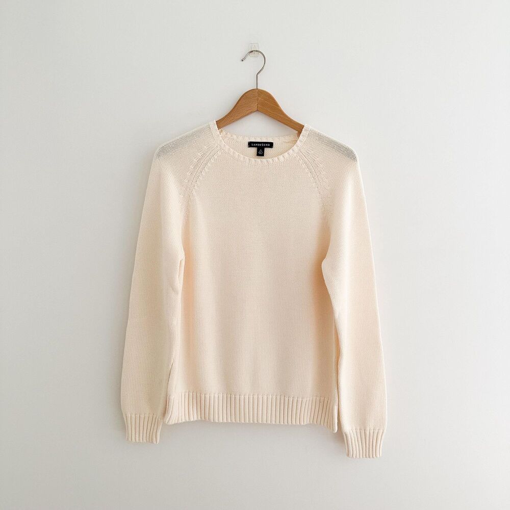 Vintage 90s Lands End Made In Japan 100% Cotton Crewneck Cream Womens Size 10-12